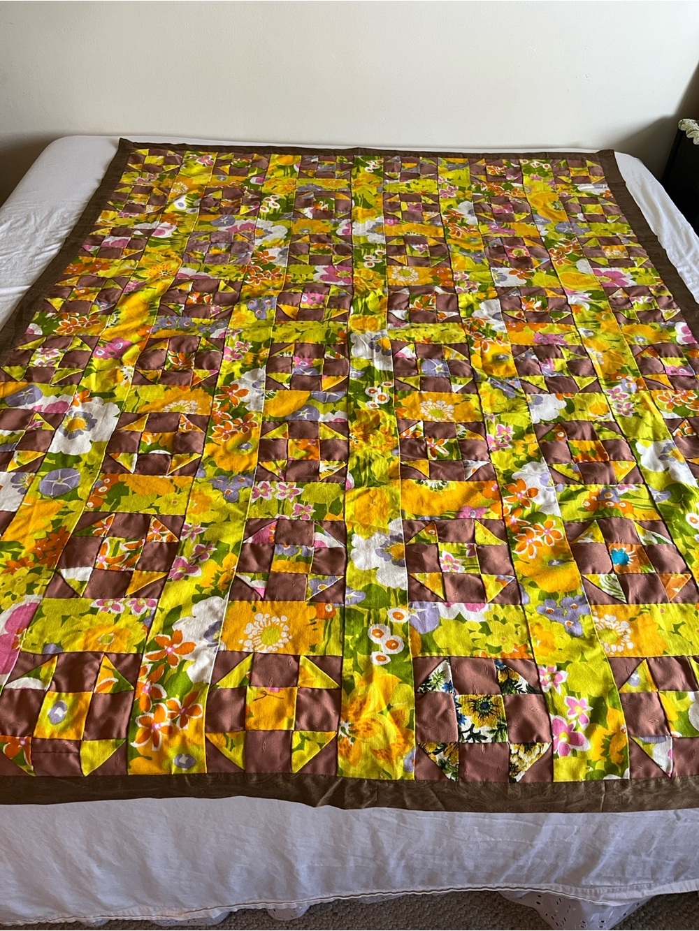 Vintage Vibrant Floral Patchwork Quilt Mid-Century Colors Yellow & Brown 64x80"
